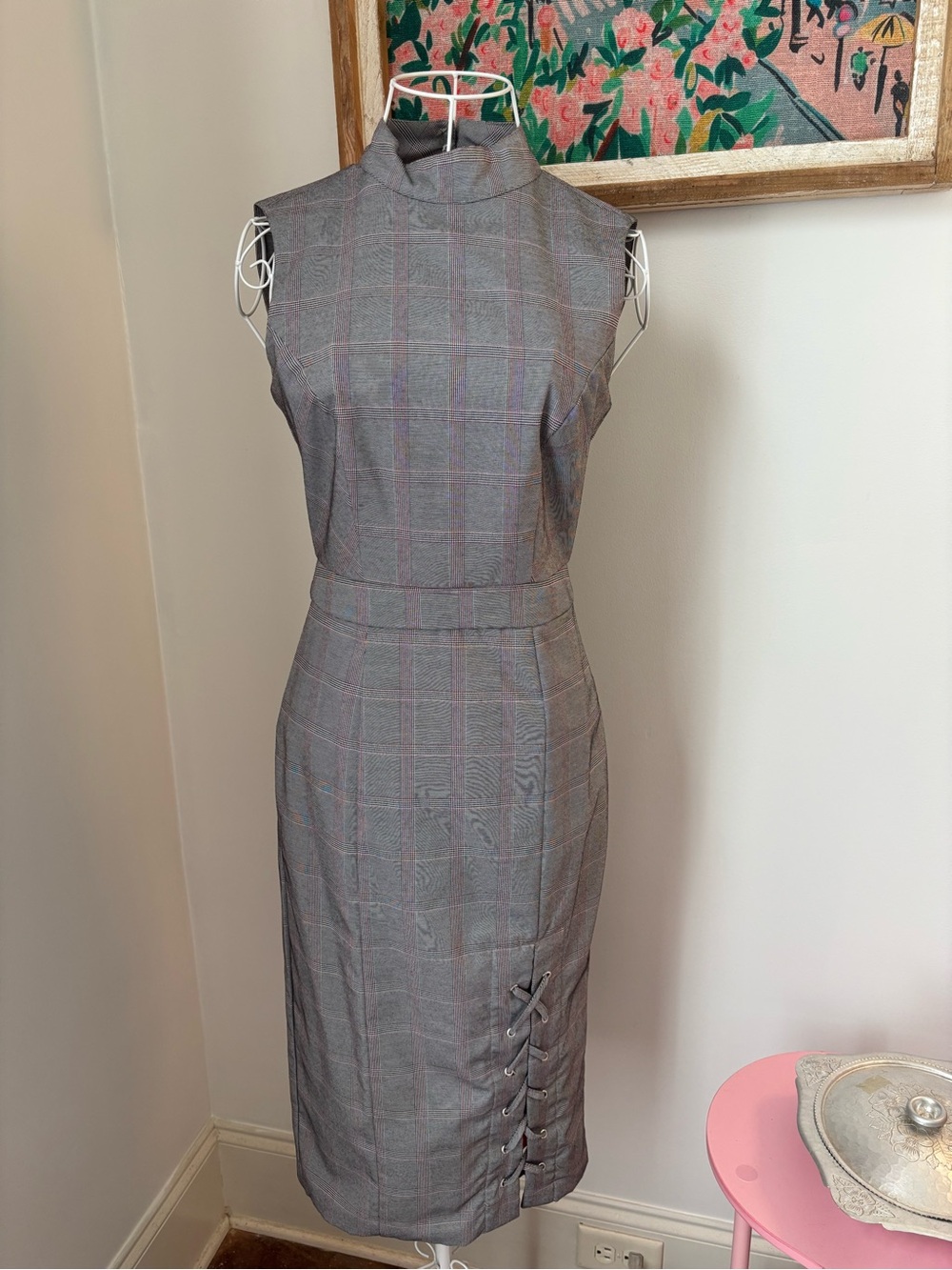 XOXO Grey Plaid Midi Sheath Dress with Red Windowpane